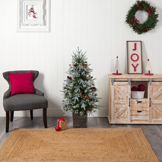 4ft. Pre-Lit Frosted Artificial Christmas Tree in Decorative Planter, White LED Lights